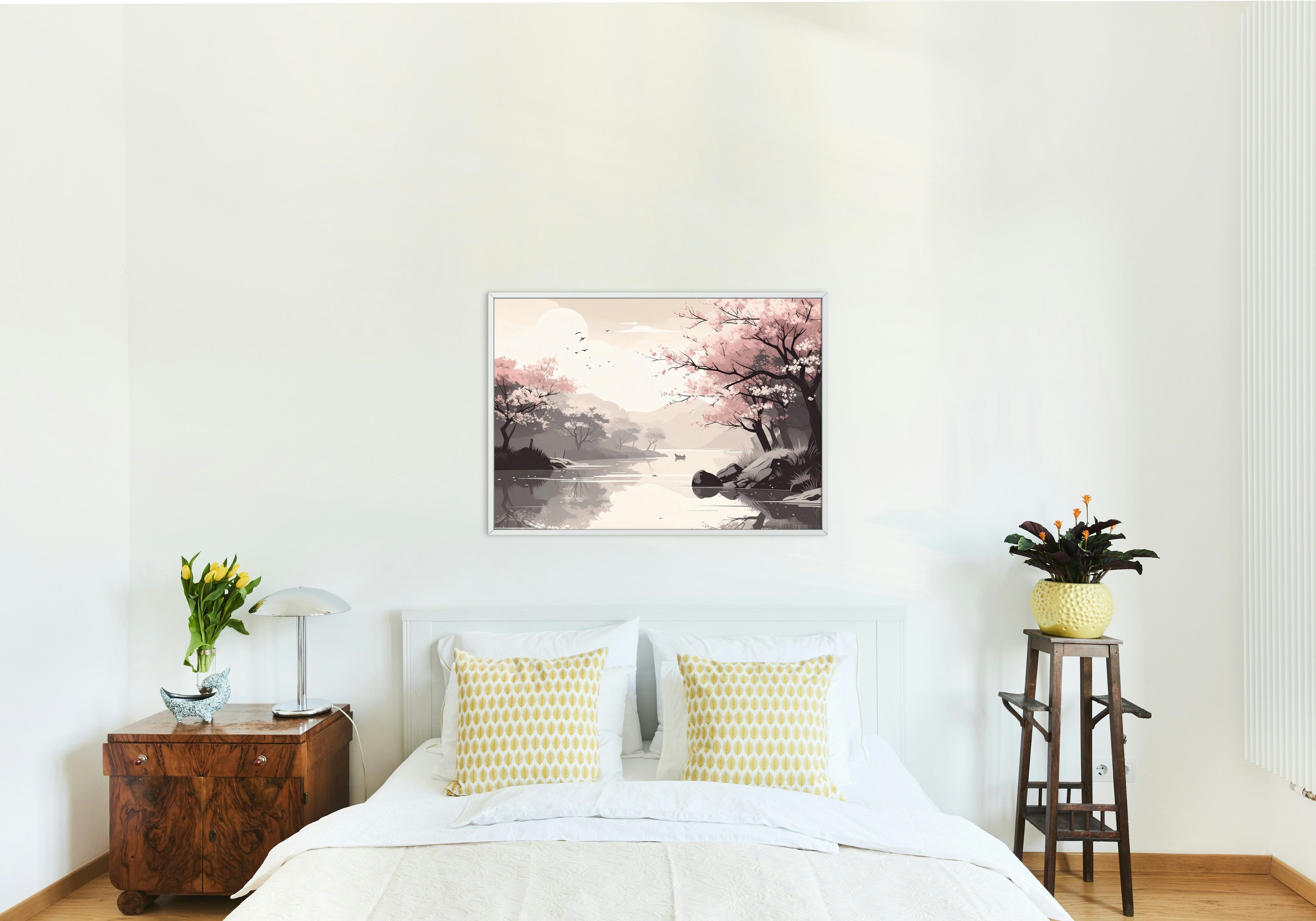 Cherry blossom oriental lake scene in landscape