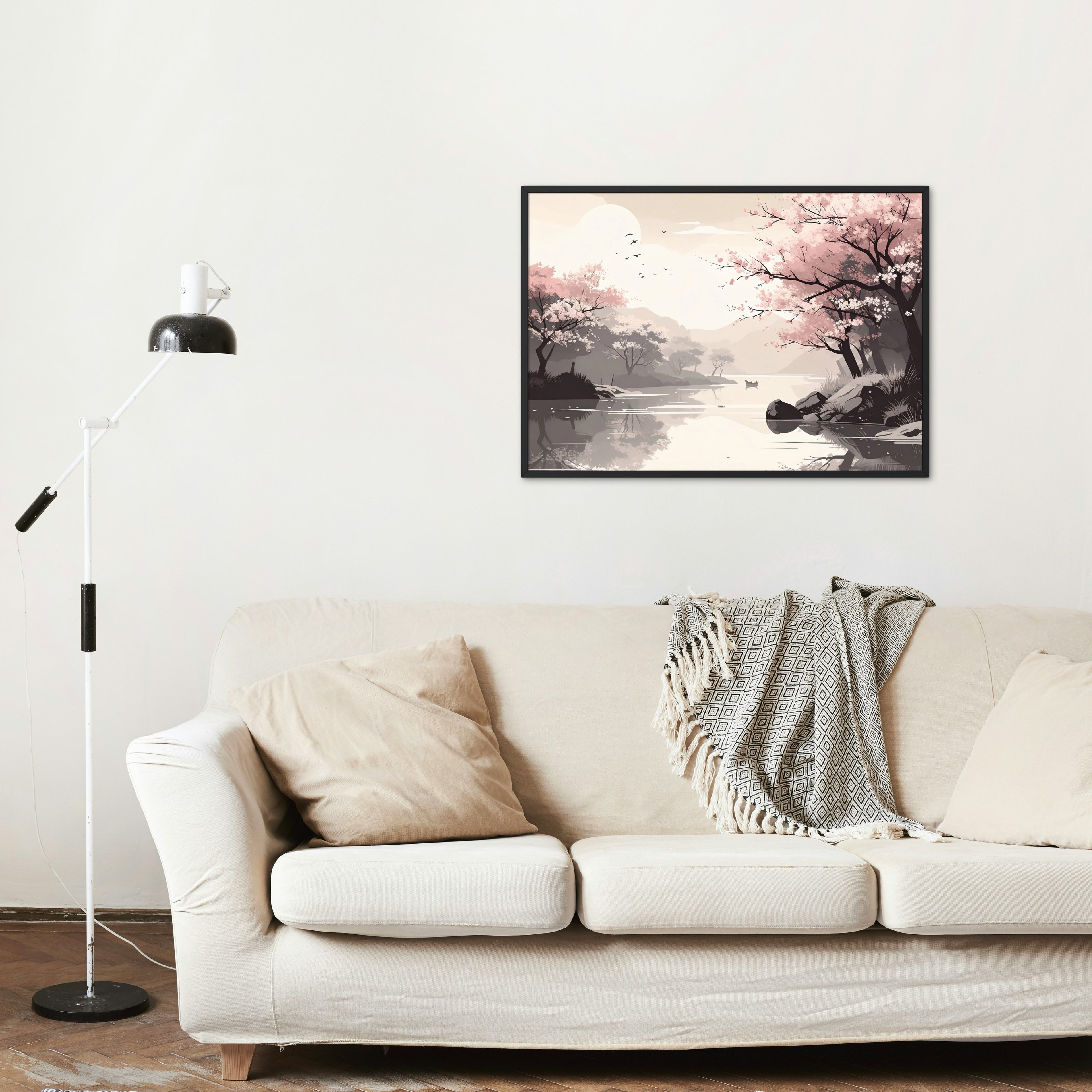 Cherry blossom oriental lake scene in landscape