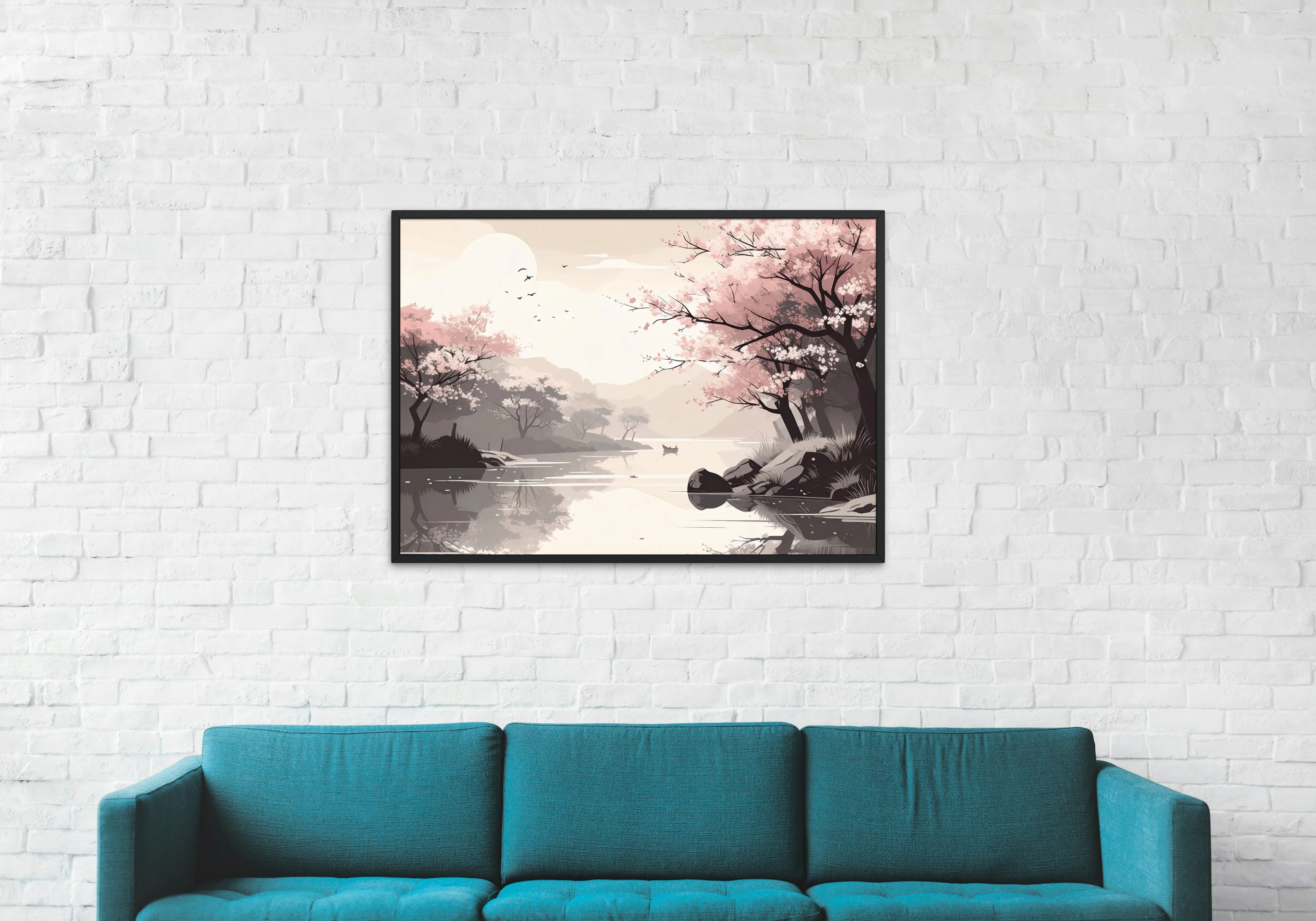 Cherry blossom oriental lake scene in landscape