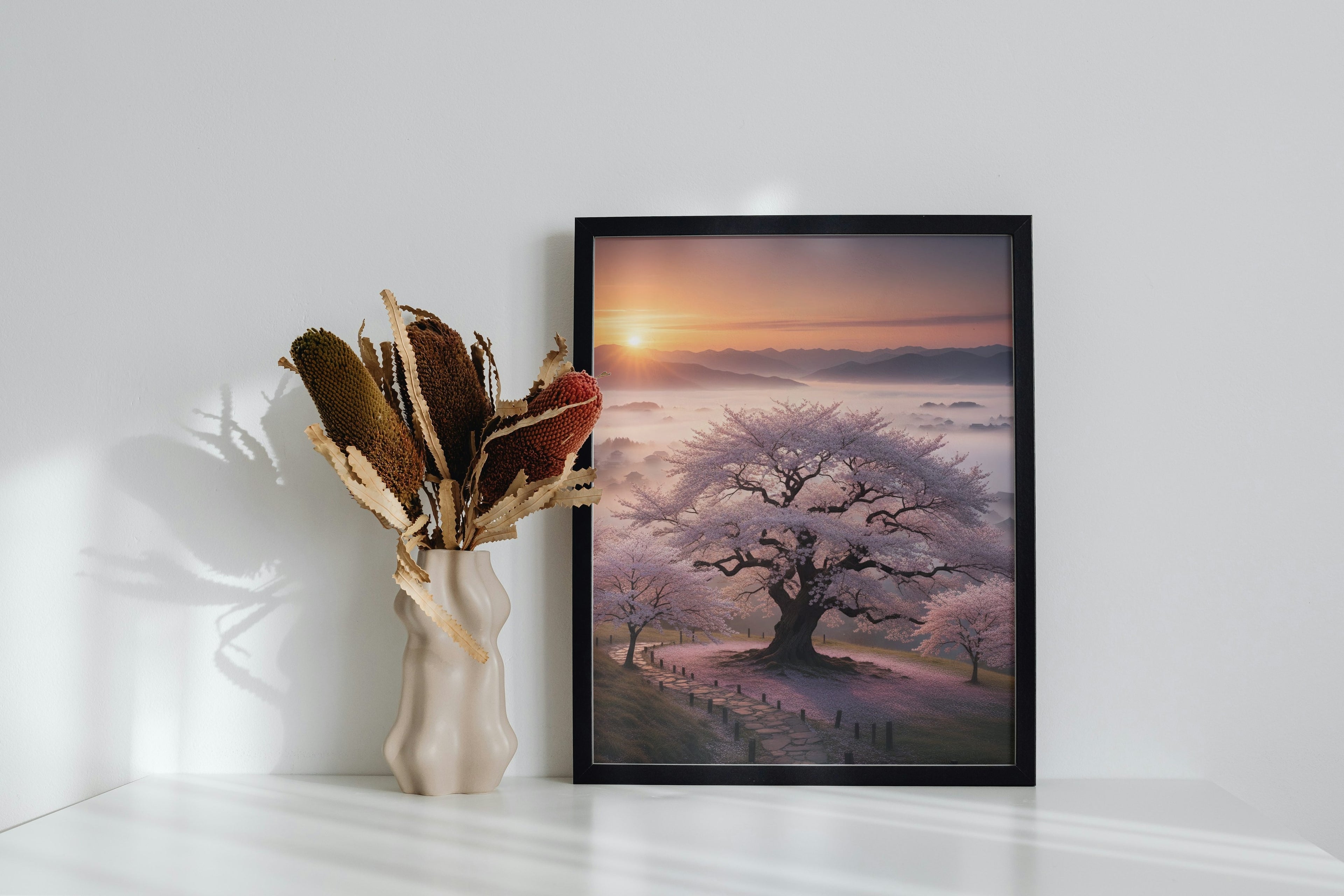 Oriental tree scene with sunset