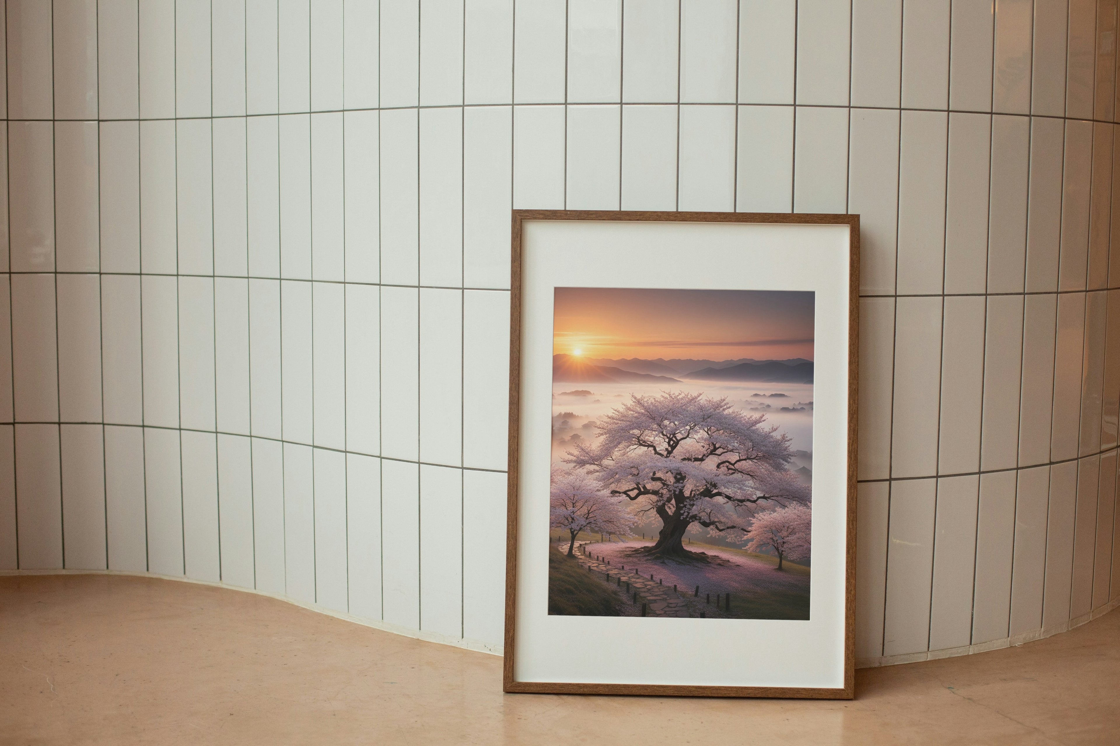 Oriental tree scene with sunset